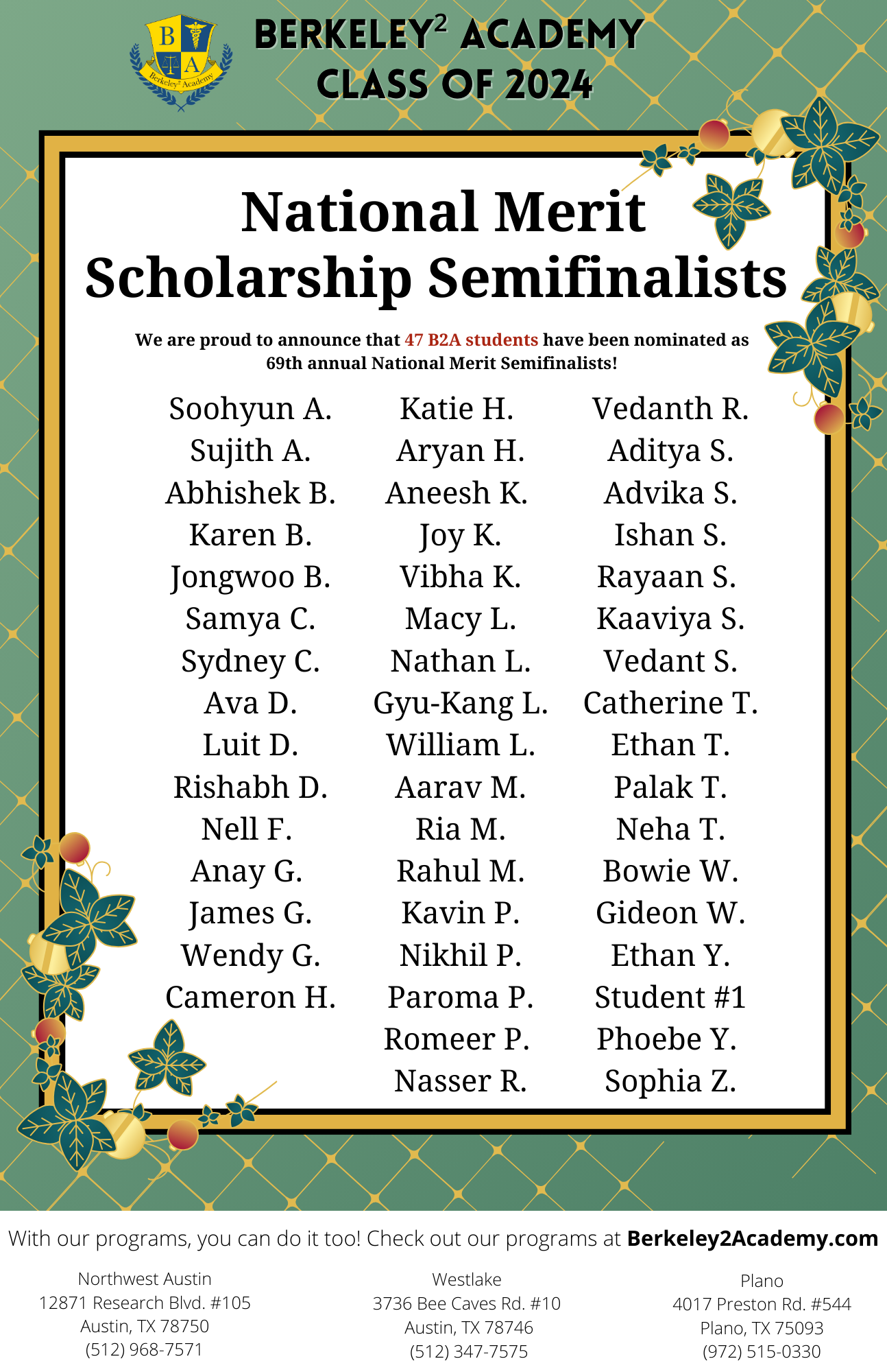 [버클리아카데미] 2024 National Merit Scholarship Semifinalists Korean